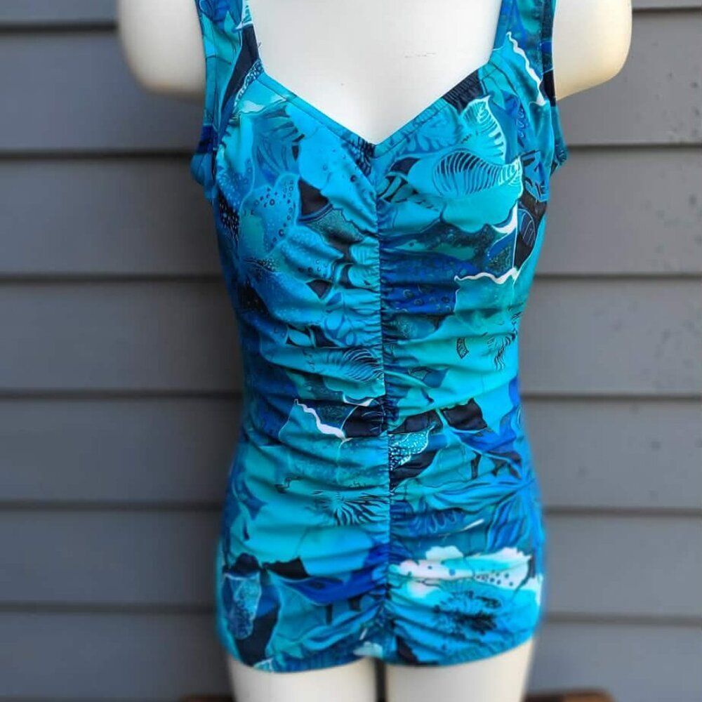 Le Cove Blues Tropical Print One Piece Swim Suit size 16 Built in Bra